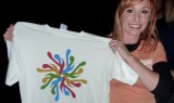 Kari Byron of MythBusters showing off a MoMath T-shirt (available at momath.org/shop).