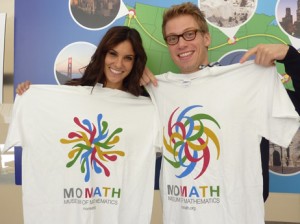 The cast of NCIS Los Angeles showing off their MoMath T-shirts (available at momath.org/shop).