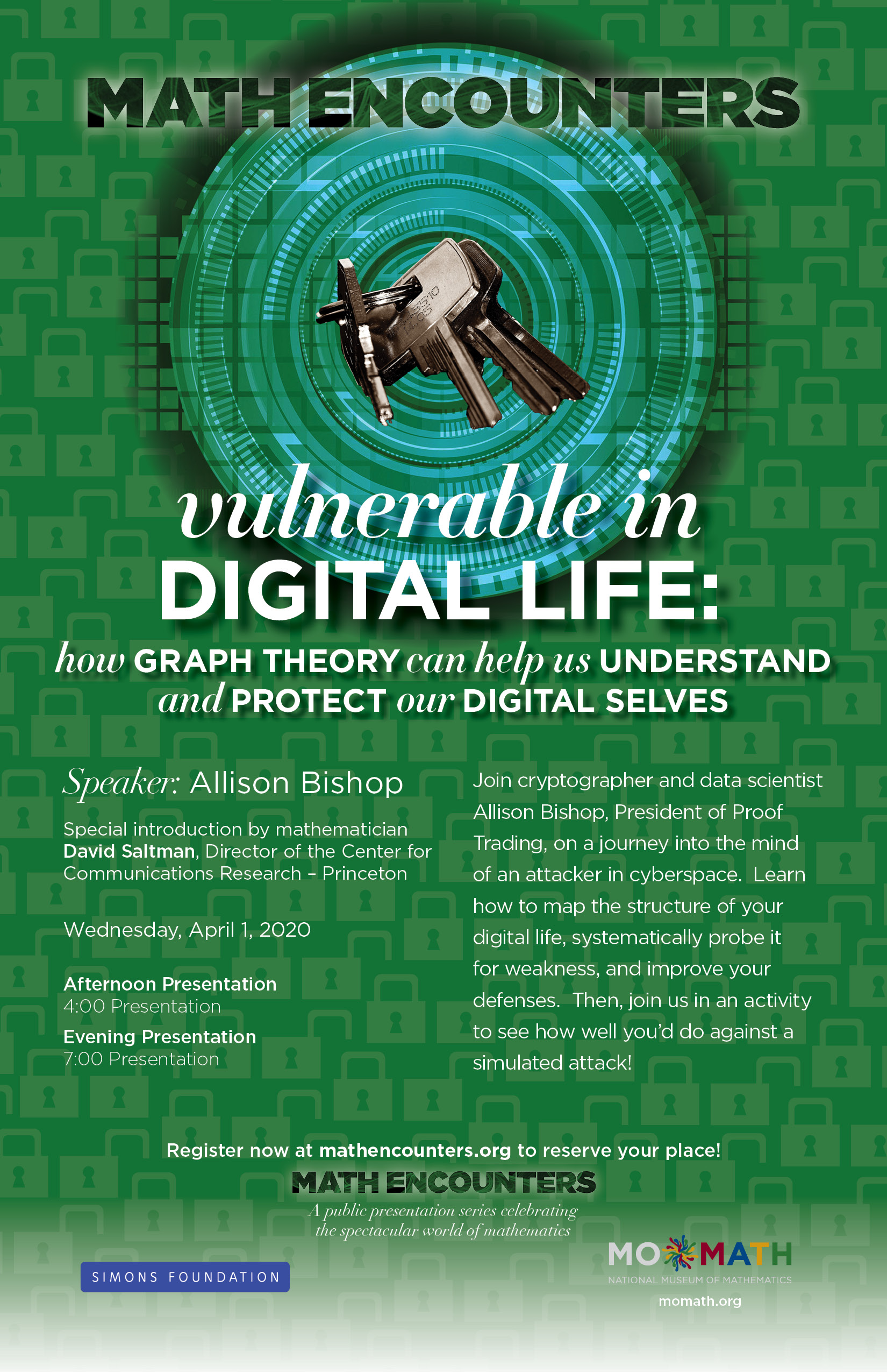 Math Encounters — Online: Vulnerable in Digital Life: How Graph Theory Can  Help Us Understand and Protect Our Digital Selves with Allison Bishop -  April 1 (4:00 pm) - National Museum of MathematicsNational Museum of  Mathematics