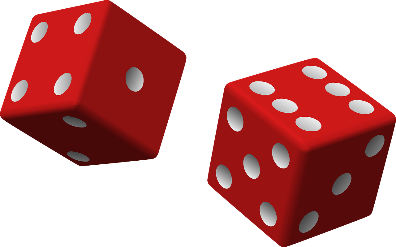 Two red dice with white spots.